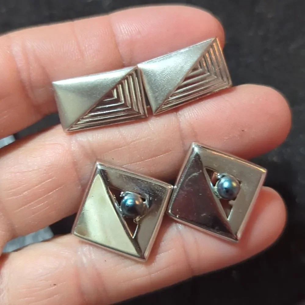 2 pr Vintage Swank faux pearl square Shaped Silver Tone Cuff Links